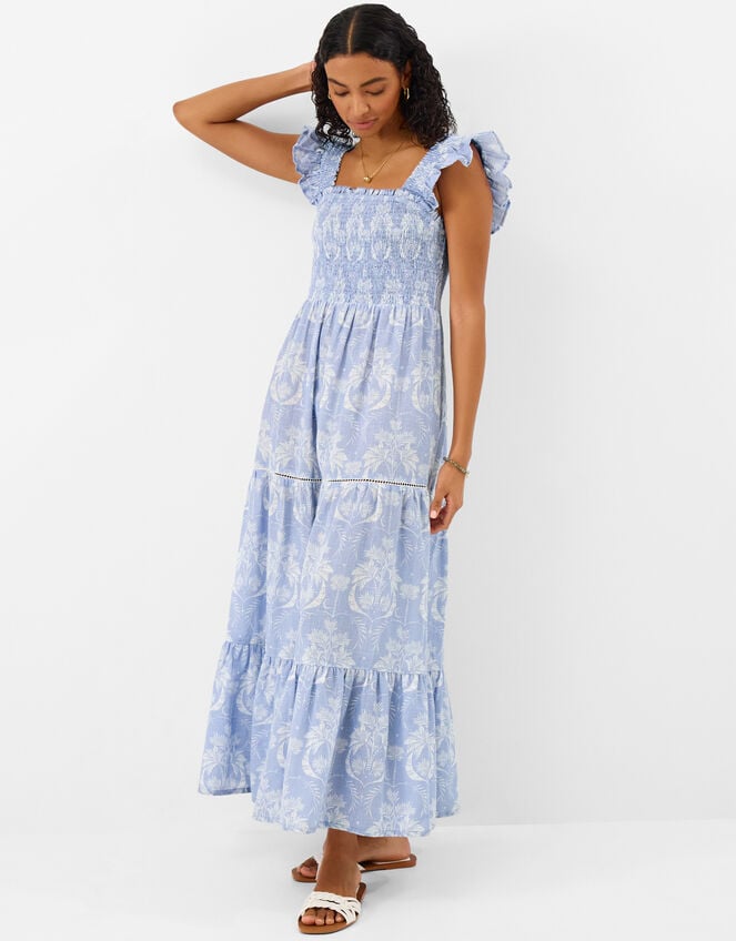 Tropical Print Smocked Maxi Dress, Blue (BLUE), large