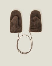 Faux Fur String Mittens, Brown (BROWN), large