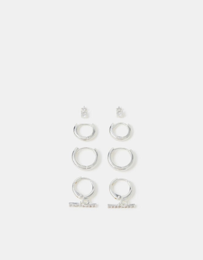 4-Pack Sterling Silver-Plated T-Bar Hoop Earrings, , large
