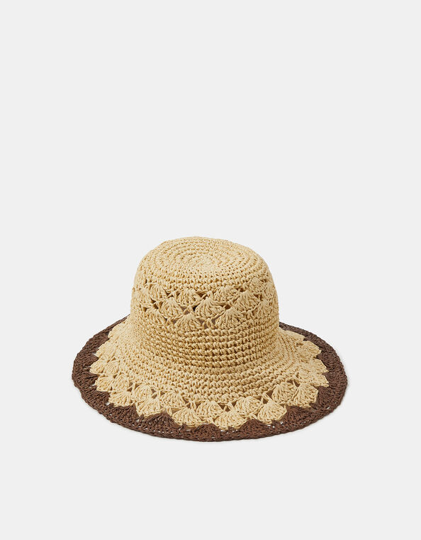 Two Tone Crochet Straw Bucket Hat, , large