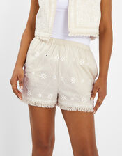 Mirror Embroidered Cotton Shorts, Ivory (IVORY), large