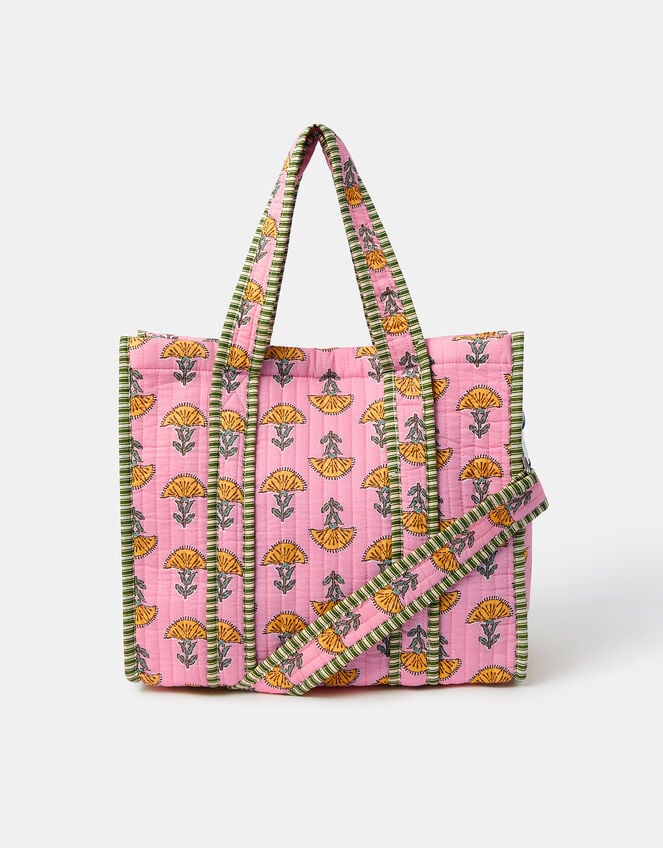 Floral Block Print Quilted Handbag, , large