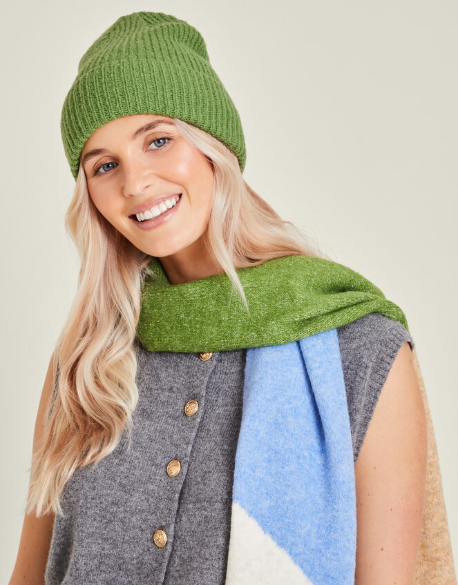 Soho Rib Knit Beanie Hat, Green (GREEN), large