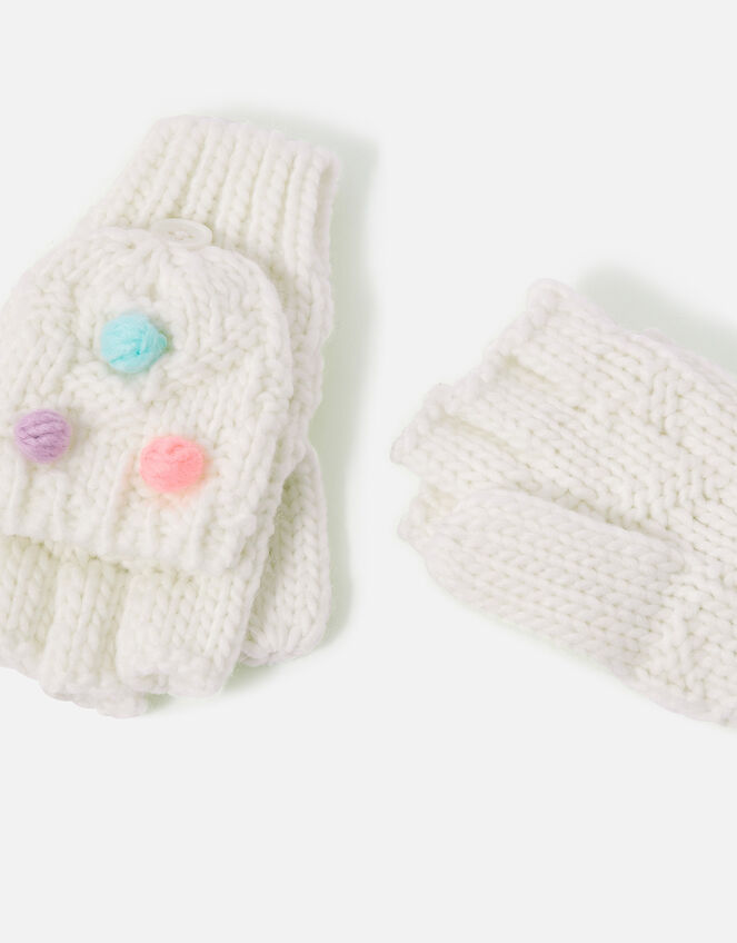 Girls Pom-Pom Capped Mittens in Recycled Polyester, Ivory (IVORY), large