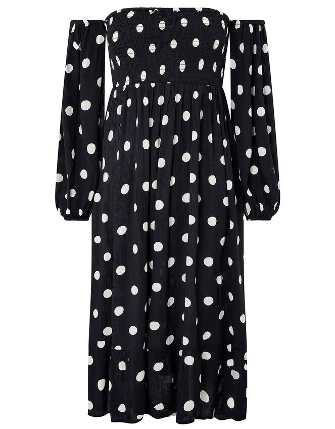 Polka-Dot Puff Sleeve Midi Dress, Black (BLACK WHITE), large
