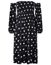 Polka-Dot Puff Sleeve Midi Dress, Black (BLACK WHITE), large