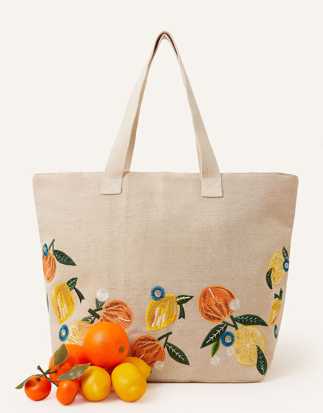 Orange and Lemon Embroidered Tote Bag, , large