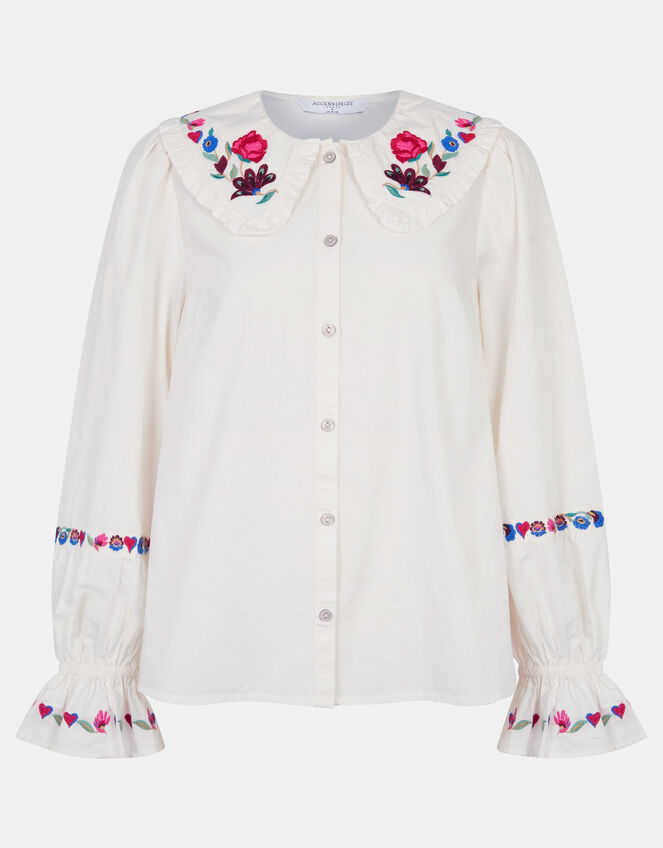 Floral Embroidered Collar Blouse, Cream (CREAM), large