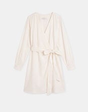 Long Sleeve Mini Wrap Dress, White (WHITE), large