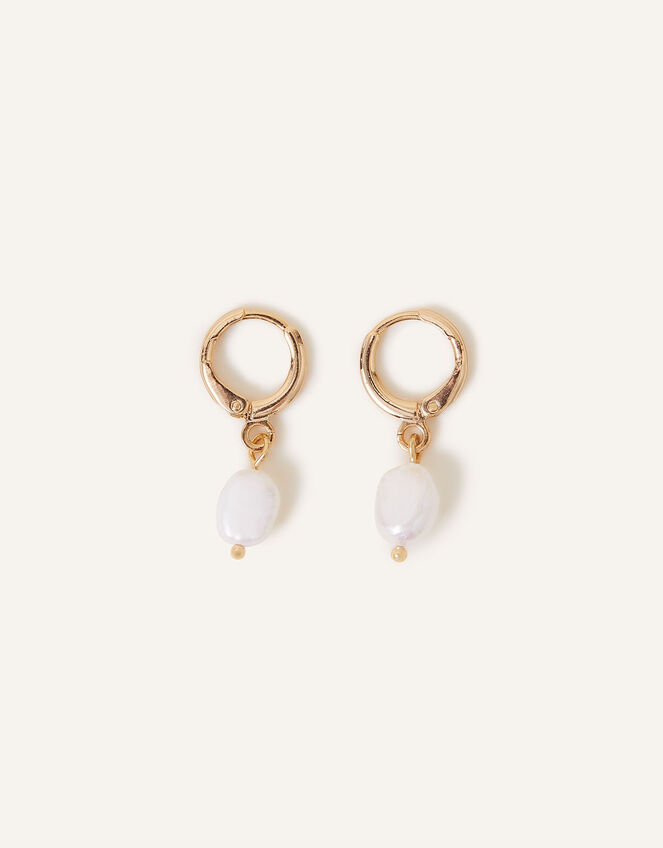 14ct Gold-Plated Pearl Huggie Hoops, , large