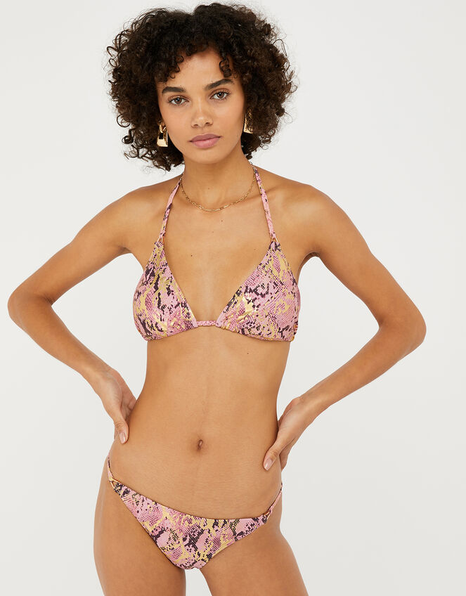 Snake-Print Metallic Triangle Bikini Top, Pink (PINK), large