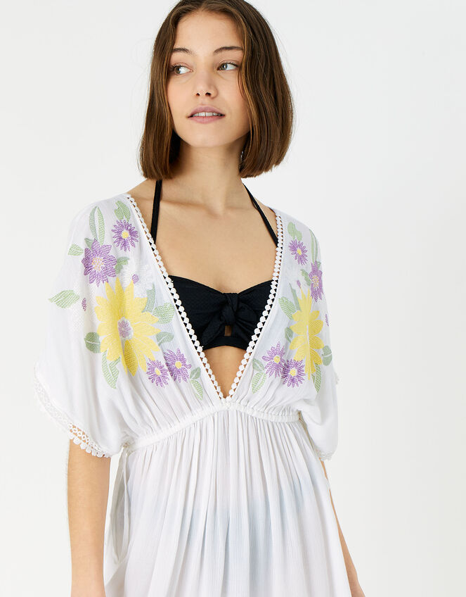 Sunflower Embroidered Kaftan, White (WHITE), large