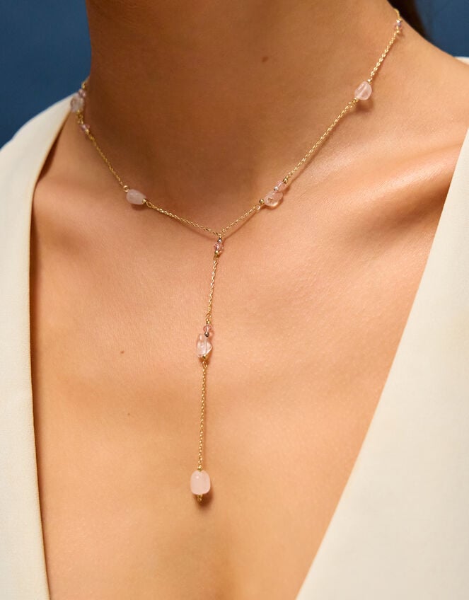 14ct Gold-Plated Rose Quartz Lariat Necklace, , large