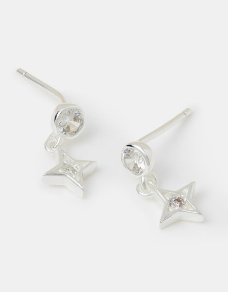 Sterling Silver Diamanté Star Drop Stud Earrings, , large