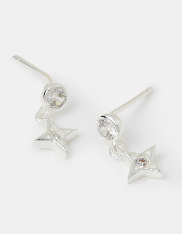 Sterling Silver Diamanté Star Drop Stud Earrings, , large