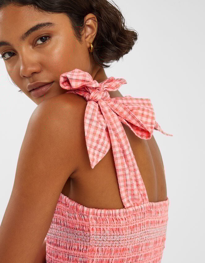 Gingham Smocked Frilly Midi Dress, Orange (CORAL), large