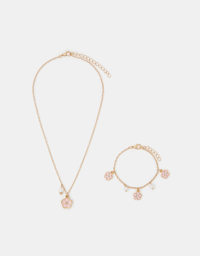 Girls Pearl Flower Necklace & Bracelet Set, , large