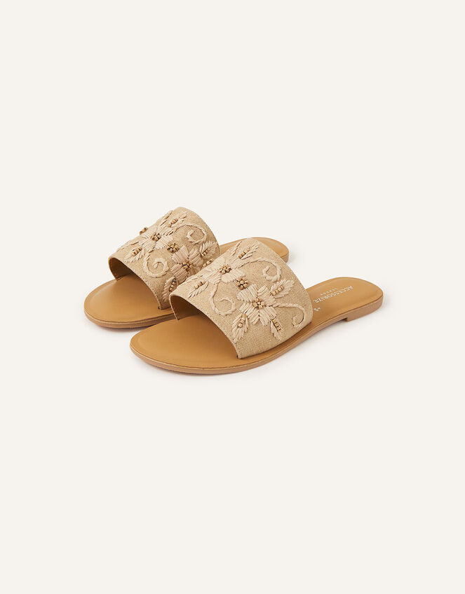 Tonal Flower Detail Leather Sliders, Natural (NATURAL), large