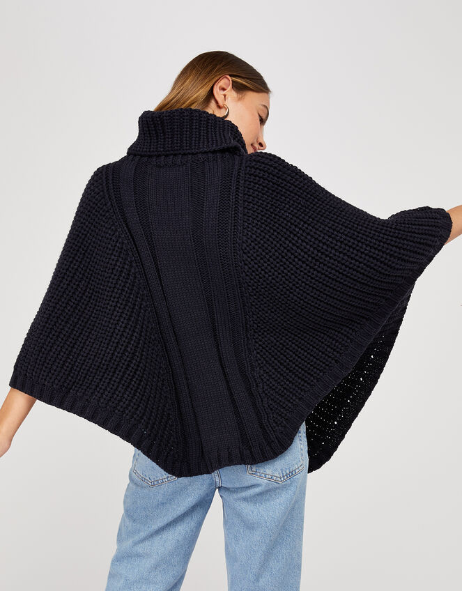 Chunky Cable Knit Poncho, Blue (NAVY), large