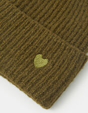 Heart Embroidered Beanie Hat, Green (OLIVE), large