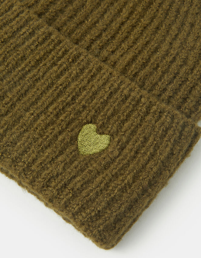 Heart Embroidered Beanie Hat, Green (OLIVE), large