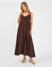 Schiffli V-Neck Maxi Dress, Brown (BROWN), large