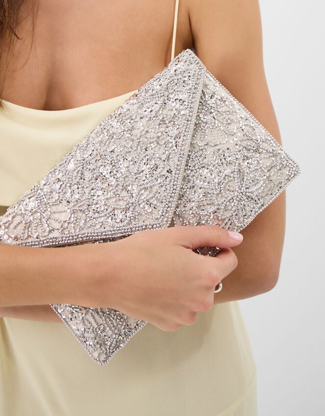 Floral Embellished Envelope Clutch Bag, Silver (SILVER), large