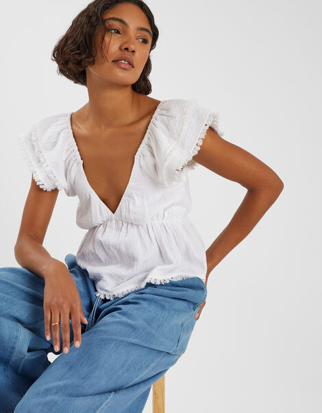 Sleeveless Frilly Tassel Top, White (WHITE), large