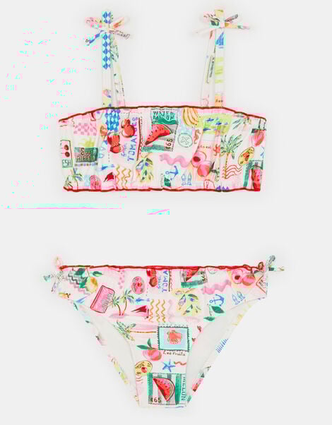 Girls Postcard Print Bikini Set, Multi (PASTEL MULTI), large