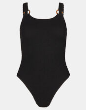 Strap Detail Crinkle Textured Swimsuit, Black (BLACK), large