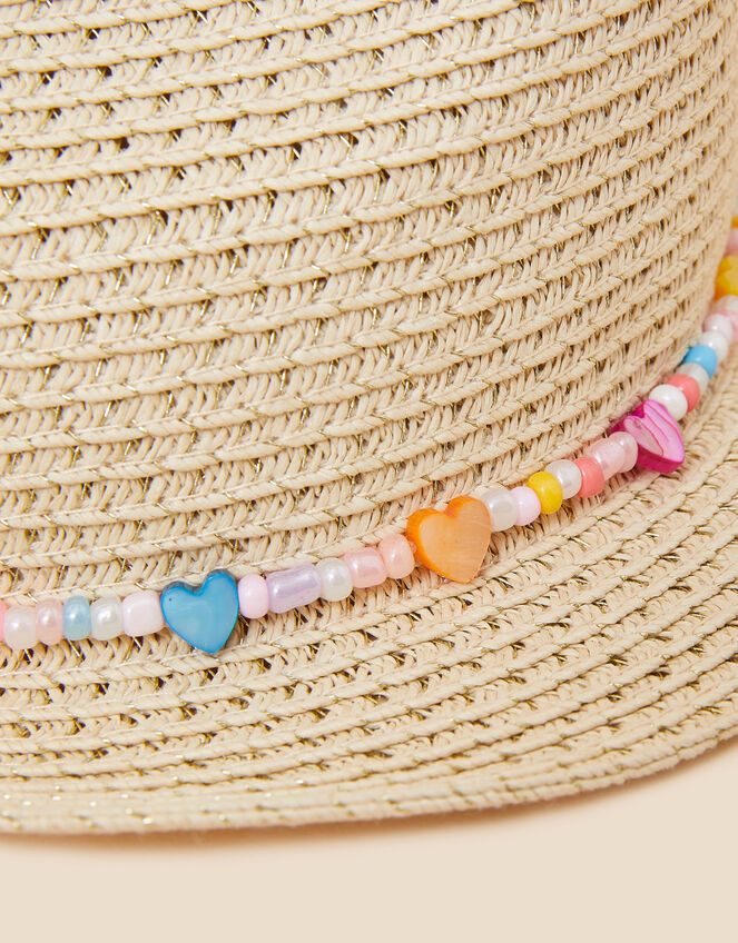 Girls Heart Beaded Band Trilby Hat, Natural (NATURAL), large