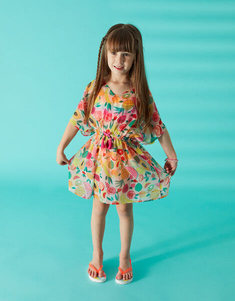 Girls Fruit Print Kaftan in Recycled Polyester, Multi (BRIGHTS-MULTI), large