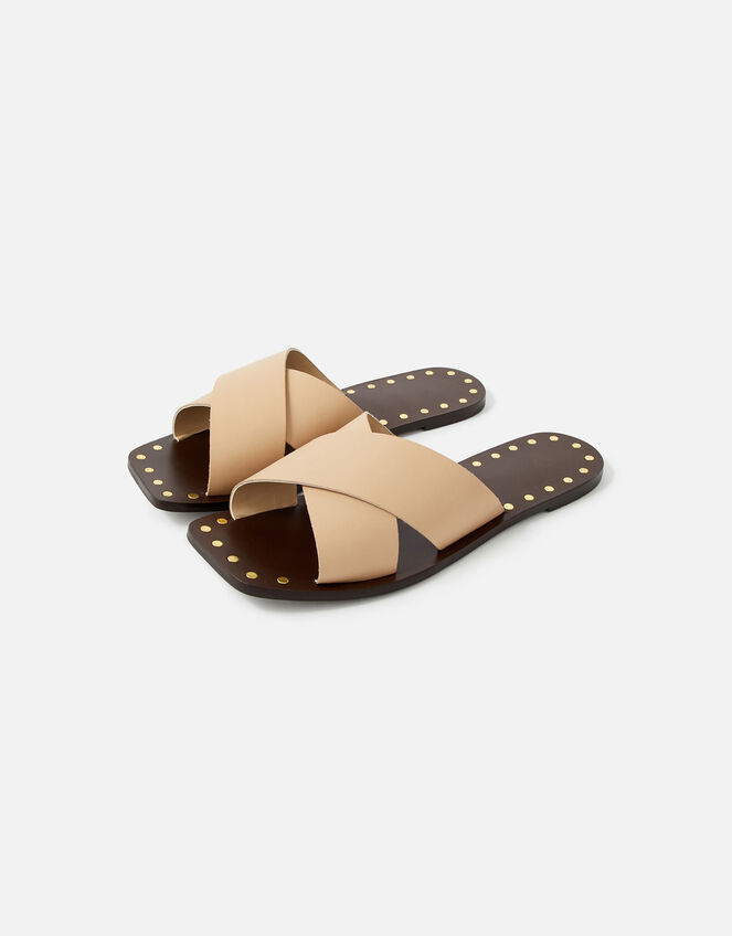 Crossover Studded Leather Sliders, Nude (NUDE), large
