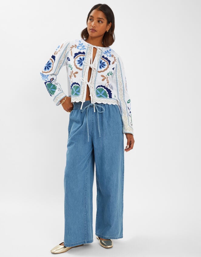 Embroidered Tie-Front Jacket, White (WHITE), large