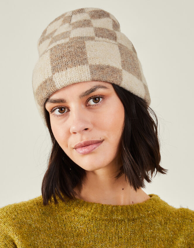 Checkerboard Knit Beanie Hat, , large
