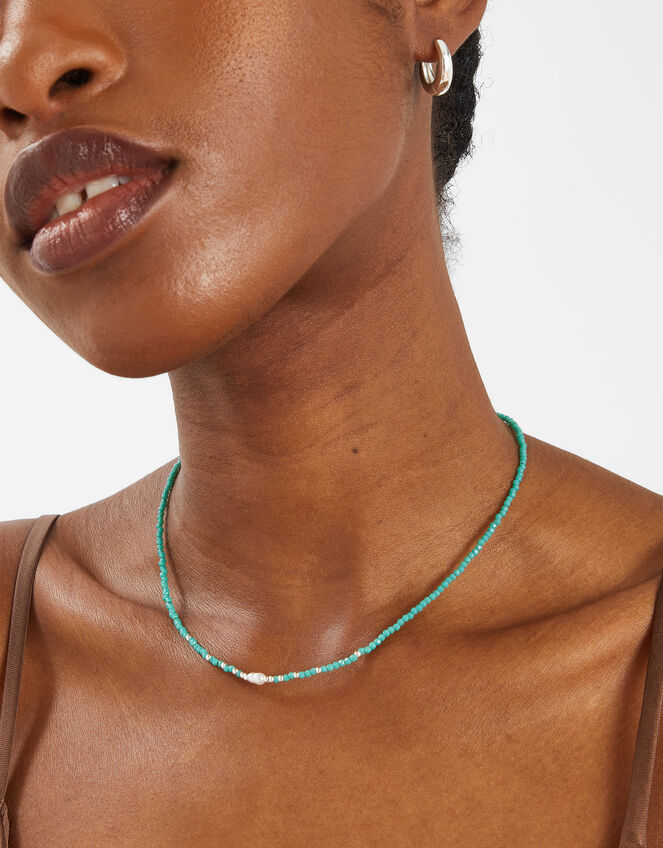 Sterling Silver-Plated Pearl Beaded Necklace, Green (GREEN), large