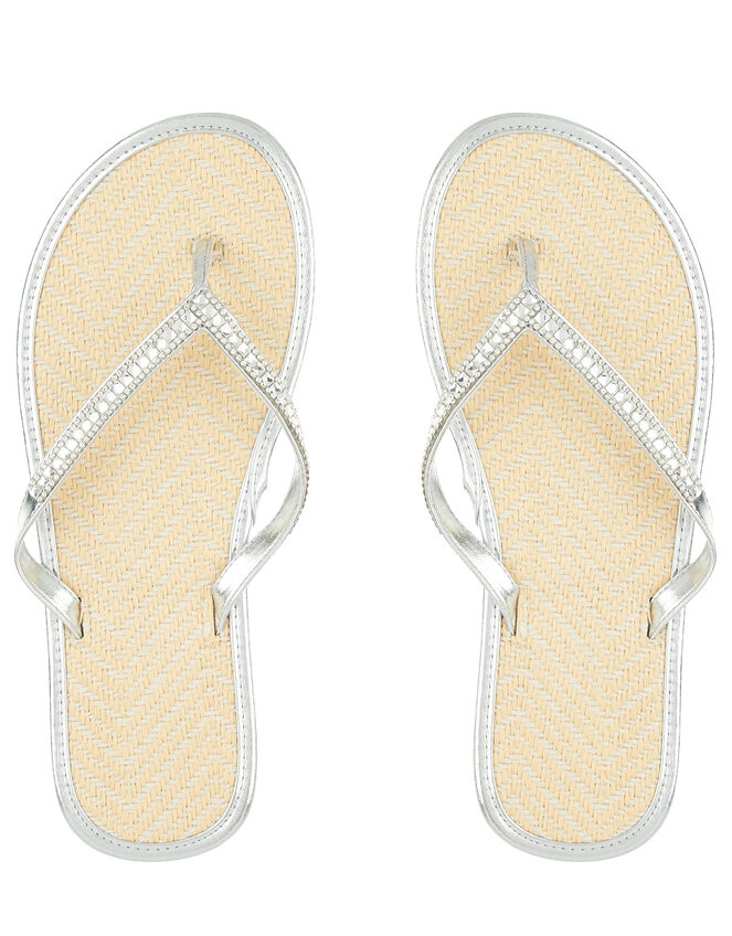 Crystal Embellished Seagrass Flip Flops, Silver (SILVER), large