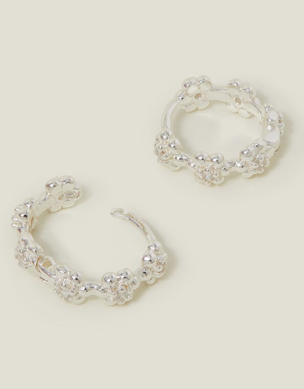 Sterling Silver-Plated Flower Sparkle Hoop Earrings, , large