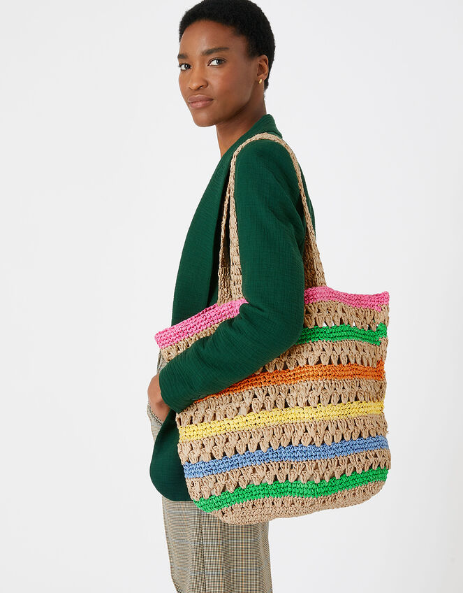 Rainbow Raffia Shopper Bag, , large
