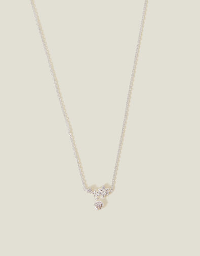 Sterling Silver-Plated Diamante Flower Necklace, , large