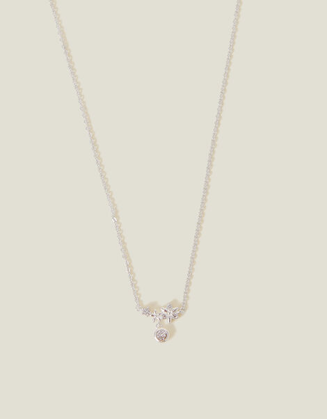 Sterling Silver-Plated Diamante Flower Necklace, , large