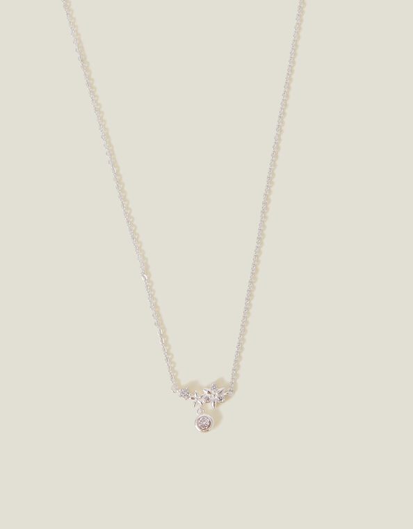 Sterling Silver-Plated Diamante Flower Necklace, , large