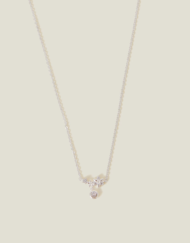 Sterling Silver-Plated Diamante Flower Necklace, , large