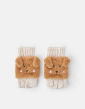 Girls Dog Fingerless Gloves with Mittens, Tan (TAN), large