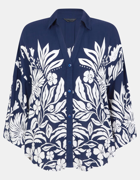 Floral Print Shirt, Blue (NAVY), large