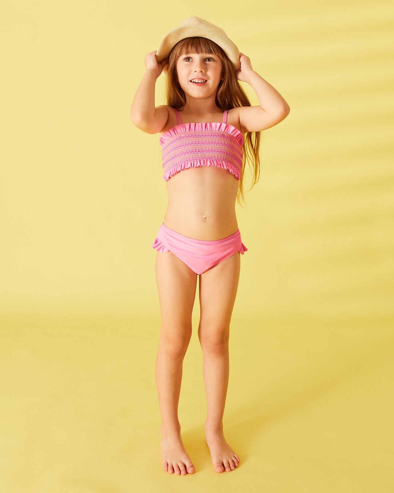 Girls Rainbow Smocking Bikini Set with Recycled Polyester Pink