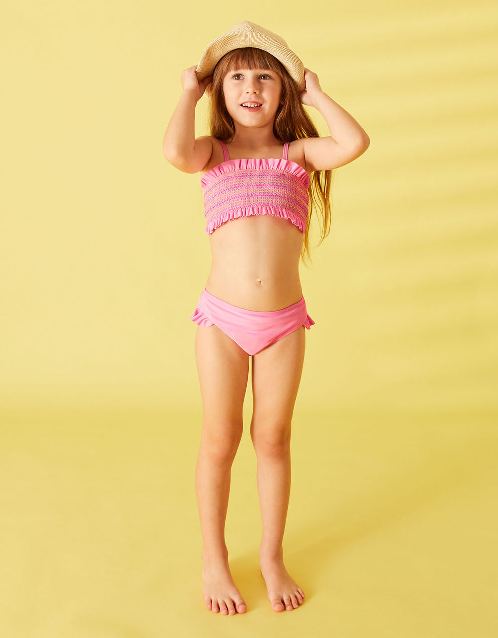 Girls Ditsy Print Bikini and Pom-Pom Hat Beach Set, , large