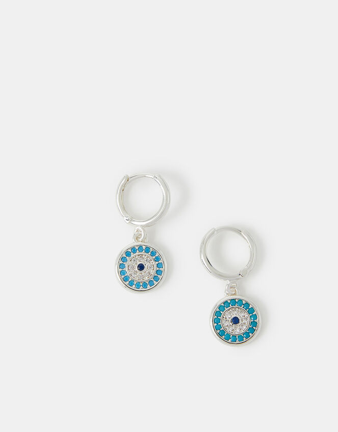 Sterling Silver-Plated Evil Eye Hoop Earrings, , large