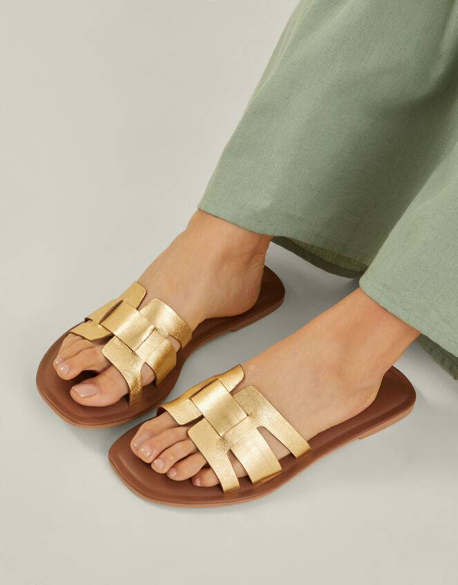 Wide Fit Metallic Leather Cut-Out Slide Sandals, Gold (GOLD), large