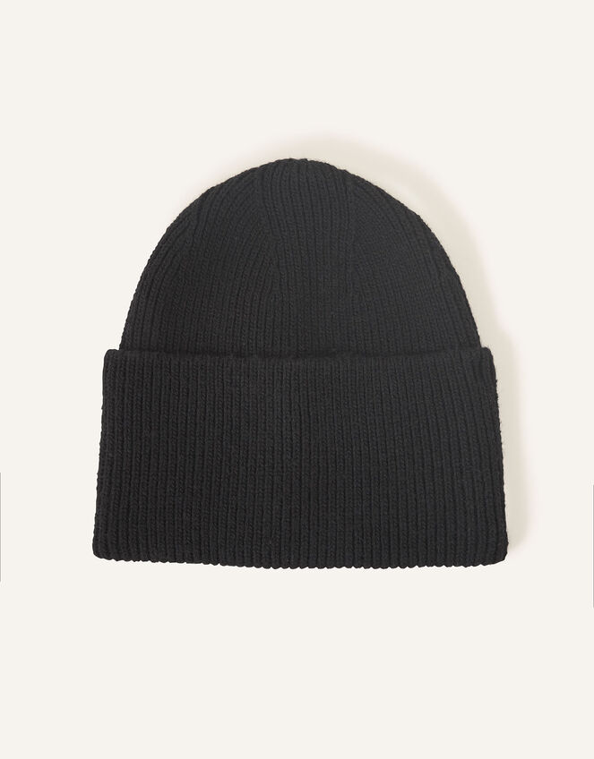 Wide Turn-Up Beanie in Wool Blend, Black (BLACK), large